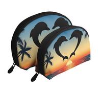 Due delfini che saltano a forma di cuore, Borsa per trucco a conchiglia Portamonete da donna Borsa da toilette piccola Borsa per cosmetici 2 pezzi