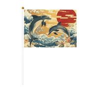 Due delfini che saltano bandiere giapponesi, piccole bandiere tenute in mano, mini bandiere su bastone per feste, attività di squadra, parate, decorazione per le vacanze, confezione da 10