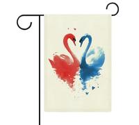 Due eleganti cigni che nuotano rosso e blu bandiera da giardino stagionale vacanza juta doppia faccia casa cortile bandiere esterne 32 x 47 cm