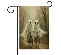 Due fantasmi equitazione bicicletta nebbiosa foresta sentiero giardino bandiera stagionale vacanza juta doppia faccia casa cortile bandiere esterne 30,5 x 45,7 cm
