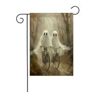 Due fantasmi equitazione bicicletta nebbiosa sentiero giardino bandiera 30x45cm verticale su entrambi i lati fattoria vacanze decorazioni esterne bandiera cortile