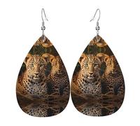 Due fratelli leopardo stampato su entrambi i lati orecchini in pelle int e forma di gocce d'acqua, creativi, leggeri e romanzi, colori vivaci e vivaci.