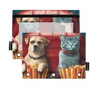 Due gatti e cani che guardano un film con popcorn 3 raccoglitori ad anelli astuccio 2 pz cartelle di file per ufficio esame cerniera cancelleria borsa