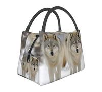 Due lupi che camminano nella neve Borsa per il pranzo per donne e uomini, isolata, riutilizzabile, a prova di perdite, con tasche laterali, contenitori per alimenti più freddi, grande borsa per pasti