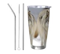 Due lupi che camminano nella neve Tumbler da 590 ml, in acciaio inox, isolamento sottovuoto, con coperchio e cannuccia, tazza da viaggio a doppia parete per caldo/freddo, tazza termica a prova di
