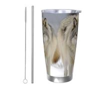 Due lupi che camminano nella neve Tumbler da 590 ml, in acciaio inox, isolamento sottovuoto, con coperchio e cannuccia, tazza da viaggio a doppia parete per caldo/freddo, tazza termica a prova di