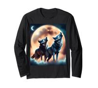 Due Lupi ululano alla Luna Piena di Notte per Gli Amanti dei Lupi Maglia a Manica