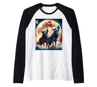 Due Lupi ululano alla Luna Piena di Notte per Gli Amanti dei Lupi Maglia con Maniche Raglan