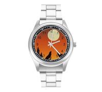 Due lupi ululano alla luna piena, orologio casual da uomo con cinturino in acciaio inossidabile in lega di quarzo orologio da polso, Stile:, regular, Bracciale
