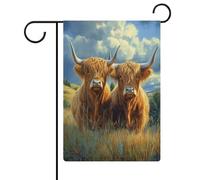 Due mucche delle Highland con corna lunghe bandiera da giardino stagionale vacanza iuta doppia faccia casa cortile bandiere esterne 32 x 47 cm