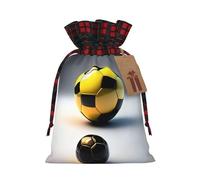 Due palloni da calcio di diverse dimensioni sacchetto in iuta con coulisse in tessuto scozzese e etichetta in carta kraft, borsa leggera e resistente