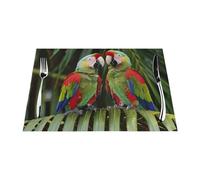 Due pappagalli su palma verde PVC tovagliette intrecciate set 1 pz | Resistente al calore, antiscivolo, facile da | Perfetto arredamento da tavolo da pranzo