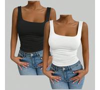 Due pezzi canotta senza maniche con scollo quadrato, colore bianco e nero, abbigliamento primavera/estate, canotta basic, canotta da uscita, vacanza, per donne petite Petite XXS,Petite XS,Petite S,Pet