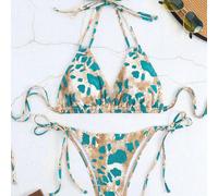 Due pezzi Costume da bagno elegante da donna per vacanze estive, con top a triangolo con collo alto e stampa serpente turchese, e slip brasiliani con lacci ai lati, realizzato in tessuto elasticizzato