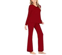 Due pezzi Pjs Set donna morbido pigiama set per maniche lunghe scollo a V top e pantaloni pigiami con tasche, Rosso, XL