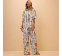 Due pezzi set copricostume da spiaggia, camicia con bottoni stampata e pantaloni a gamba ampia, outfit estivo leggero per vacanze e resort, Thalassa L,M,S,XL,XSPianteTessuto intrecciato