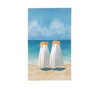 Due simpatici fantasmi che camminano lungo la spiaggia cortile bandiere della casa, 0,9 x 1,5 m striscione di auguri con occhielli per interni ed esterni feste decorazioni per la casa