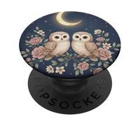 Due simpatici gufi seduti sotto un cielo stellato e una luna crescente PopSockets PopGrip Adesivo