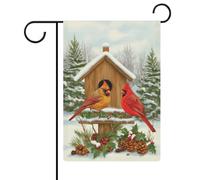 Due uccellini in legno Birdhouse Inverno Foresta Giardino Bandiera Stagionale Vacanze Stagionali Tela Doppio Lato Casa Cortile Esterni Bandiere 30x45 cm