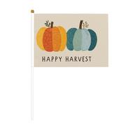 Due zucche con testo Happy Harvest piccole bandiere tenute in mano, mini bandiere su bastone per feste, attività di squadra, parate, decorazione per le vacanze, confezione da 10