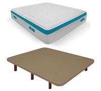 Duérmete Online Base imbottita 3D rinforzata anti rumore + materasso viscoelastico Sanex Visco | Gambe in legno color wengé, beige, 90 x 190 cm