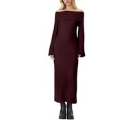 DUHENWU Abito casual da donna a maniche lunghe senza spalle maxi abito casual maglione autunno inverno abito lungo festa bodycon abito da sera matrimonio, O vino, S