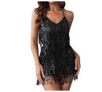 DUHENWU Abito con frange, oro con piume, abito da discoteca, scollo a V, sexy, corto, latino, abito da ballo anni 20, abito da donna con paillette, senza maniche, formale, cocktail, gala, nappa, Y1