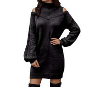 DUHENWU Abito da donna invernale, casual, sexy, per il tempo libero, autunno, a maniche lunghe, elegante, con collo alto, per feste, autunno, inverno, mini abito elastico a maglia, O nero., S