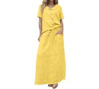DUHENWU Abito da donna per il tempo libero, set da due pezzi, con camicia a maniche corte e maxi gonna larga, vintage, con bottoni, abito estivo lungo, senza maniche, a vita alta, estivo, per donne, O