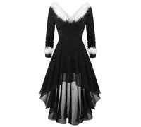 DUHENWU Abito di Natale da donna, abito da festa di Natale, costume da Babbo Natale, costume da Miss Santa a maniche lunghe, abito midi con scollo a V, elegante, O nero., XL