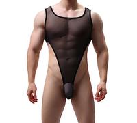 DUHENWU Body sexy da uomo, tinta unita, olio lucido, trasparente, canotta da uomo, biancheria intima sexy e traspirante, Nero , XXL