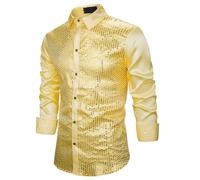 DUHENWU Camicia da discoteca, da uomo, a maniche lunghe, lucida, per il tempo libero, per uomini, feste, carnevale, per feste a tema, discoteca, festival musicali, O Gold, L