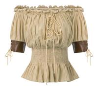 DUHENWU Camicia da donna rinascimentale, stile medievale, spalle scoperte, corsetto, maniche corte, abbigliamento vichingo, costume da pirata, stile bohémien, camicia da contadino, camicia steampunk