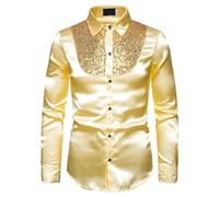 DUHENWU Camicia da uomo con glitter, camicie con paillettes, camicia metallica lucida per feste, discoteca, top per uomini, oro e argento, camicia casual comoda con abbottonatura, camicia con glitter