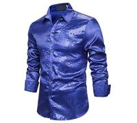 DUHENWU Camicia da uomo con paillette, lucida, metallizzata, per feste, discoteca, per uomini, in argento dorato, per il tempo libero, comoda con bottoni, con glitter, Y1 blu, XXL