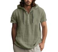 DUHENWU Felpa con cappuccio da uomo, casual, tinta unita, in lino, con cappuccio, a maniche corte, con coulisse, in cotone, per uomini, comode camicie per il tempo libero, O verde dell'esercito, M