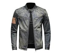 DUHENWU Giacca di jeans da uomo con chiusura lampo, in denim, con colletto alto, slim fit, in jeans, stile biker, classico, cowboy, da motociclista, vintage, con tasca sul petto, O blu scuro, XXL