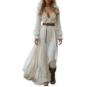 DUHENWU Maxi abito lungo da donna, stile bohémien, vintage, maxi abito con scollo a V, con motivo floreale, abito da festa, a maniche lunghe, in chiffon, per feste, per il tempo libero, O bianco., XXL