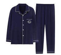 DUHENWU Pigiama lungo da uomo, con bottoni, leggero, per tutti i giorni, alla moda, comodo, a maniche lunghe, per il tempo libero, in due pezzi, O blu scuro, 3XL