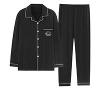 DUHENWU Pigiama lungo da uomo, con bottoni, leggero, per tutti i giorni, alla moda, comodo, a maniche lunghe, per il tempo libero, in due pezzi, O nero., 3XL