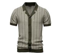 DUHENWU Polo da uomo in maglia elasticizzata, a maniche corte, anni '70, vintage, a contrasto, a maglia, camicia estiva con scollo a V, casual, da uomo, morbido e confortevole, O verde dell'esercito,