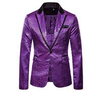 DUHENWU Sakko - Giacca da smoking da uomo, lucida, metallizzata, slim fit, button down, per feste a tema, discoteca, carnevale, blazer, O viola, XL