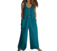 DUHENWU Salopette da donna, casual, lungo, con tasca, retrò, tuta da donna, estiva, boho stampa floreale, pantaloni Rompers Wide Leg Playsuit tinta unita, O blu., M