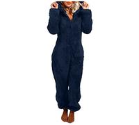 DUHENWU Tuta da donna in pile Teddy intero pigiama in peluche caldo e morbido pigiama in tinta unita con zip, P blu scuro, XL