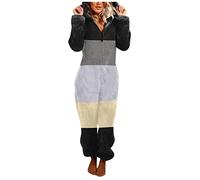 DUHENWU Tuta da donna in pile Teddy intero pigiama in peluche caldo e morbido pigiama in tinta unita con zip, R nero., S