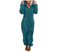 DUHENWU Tuta da donna, morbida, tuta intera e calda, in pile, per dormire, invernale, soffice, pigiama in tinta unita, con cappuccio, tuta intera, P verde., S