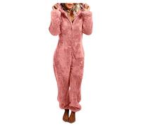 DUHENWU Tuta da donna, morbida, tuta intera e calda, in pile, per dormire, invernale, soffice, pigiama in tinta unita, con cappuccio, tuta intera, O rosa., M