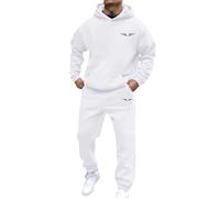 DUHENWU Tuta sportiva da uomo, tinta unita, con cappuccio, a maniche lunghe, con tasche, 2 pezzi, per autunno e inverno, con cappuccio, da jogging, set da casa, O bianco., L