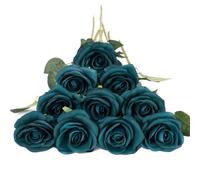 DuHouse 10 rose finte fiori di seta artificiali fiori di rosa finto fiore lunghi steli bouquet per organizzare matrimoni centrotavola festa casa decorazione cucina(Blu pavone)
