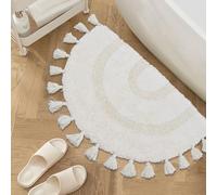 DUIDY Tappeto da bagno Boho con nappe in cotone intrecciato a mano, tappetino da bagno a mezzo cerchio, tappeto da bagno lavabile in stile boho, per bagno, doccia, vasca (White)